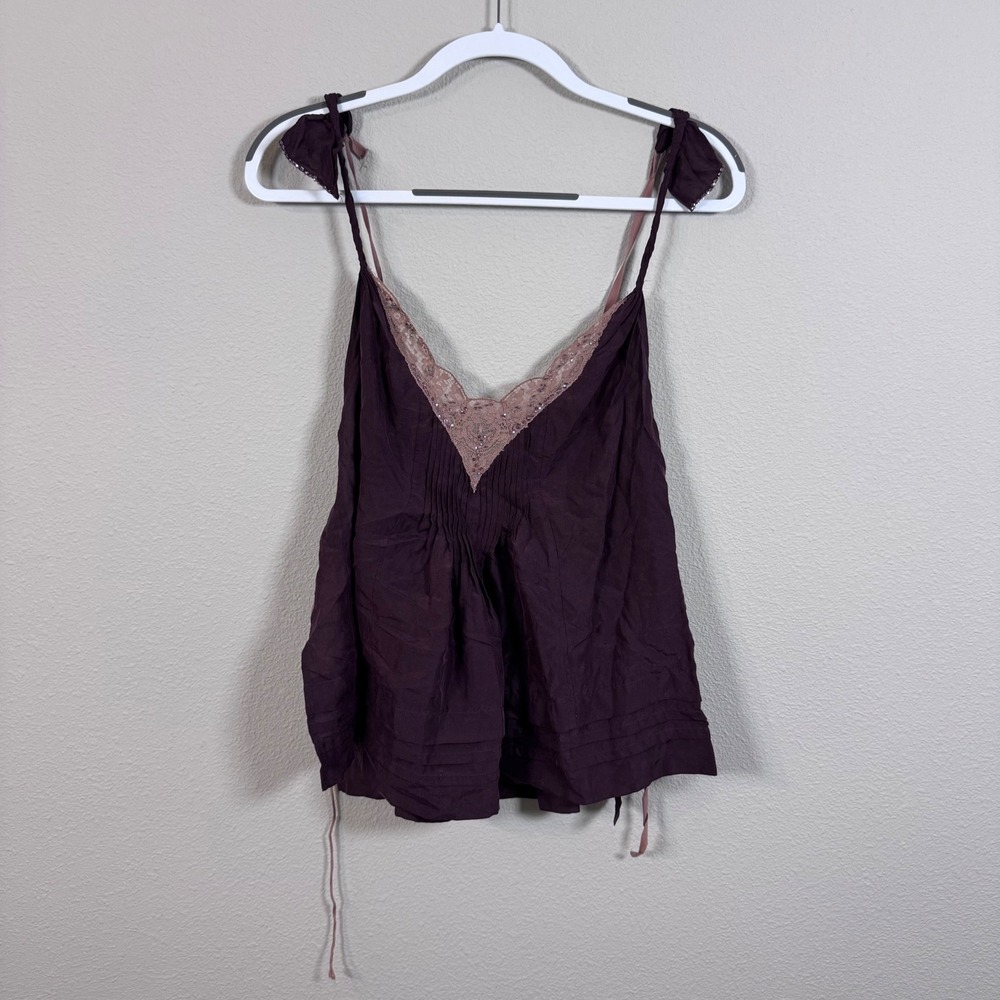 Rebecca Taylor Y2K Plum Purple 100% Silk Lace Trim Beaded Cami Top Fairy Size 4
